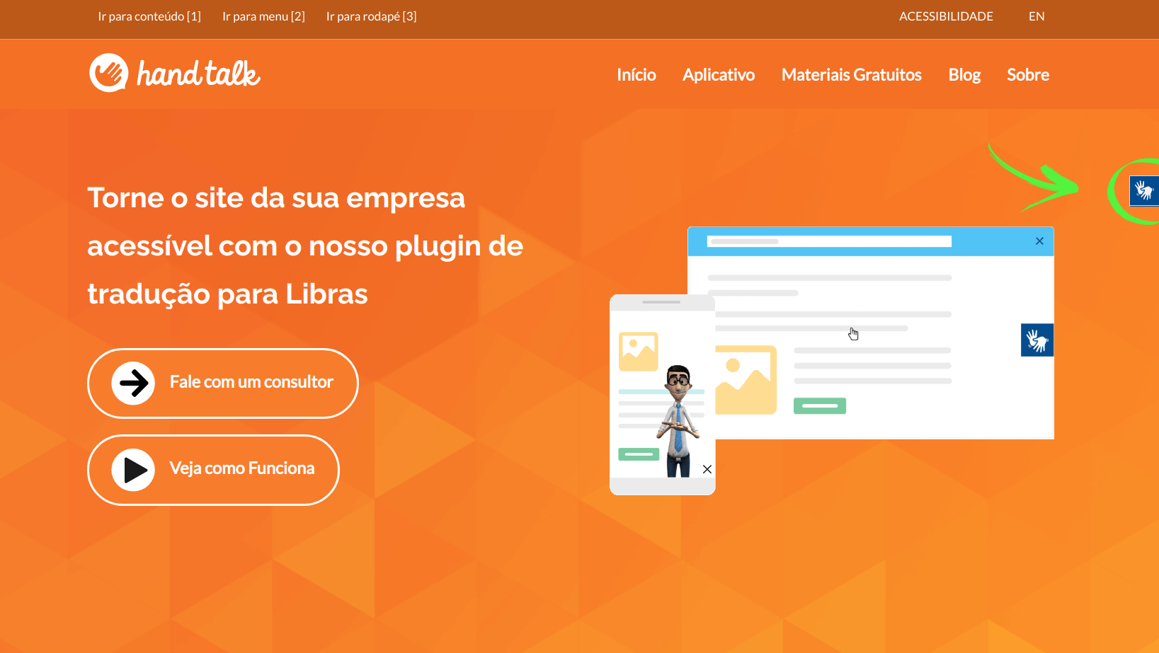 Hand Talk website with an arrow indicating the plugin on the right-hand side.