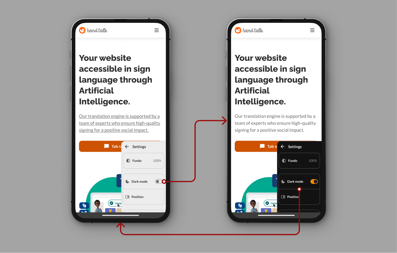 Open settings signaling the button that changes between Light and Dark Mode.